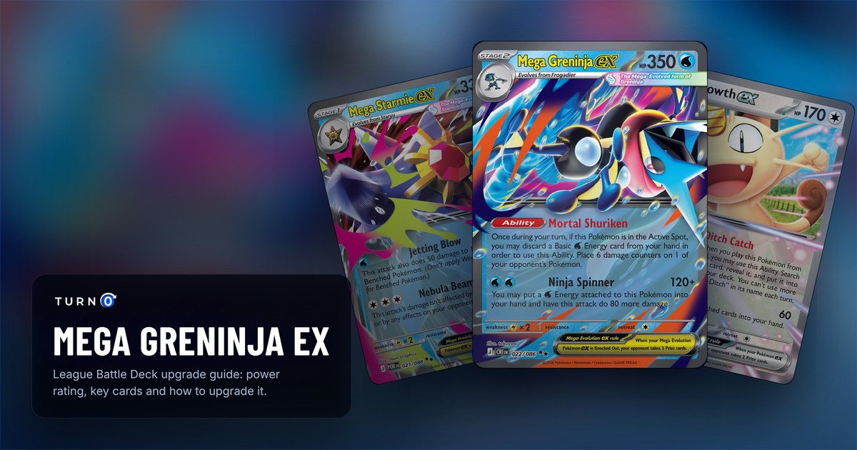 Three cards from the Mega Greninja ex League Battle Deck fanned out: Mega Starmie ex, Meowth ex, and Mega Greninja ex in front.
