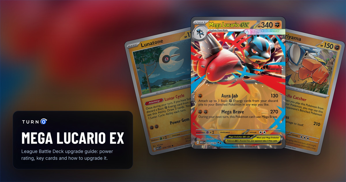 Three cards from the Mega Lucario ex League Battle Deck fanned out: Lunatone, Hariyama, and Mega Lucario ex in front.