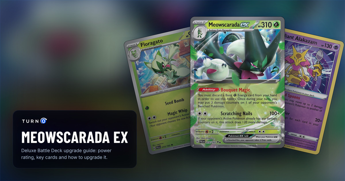 Three cards from the Meowscarada ex Deluxe Battle Deck fanned out: Floragato, Radiant Alakazam, and Meowscarada ex in front.