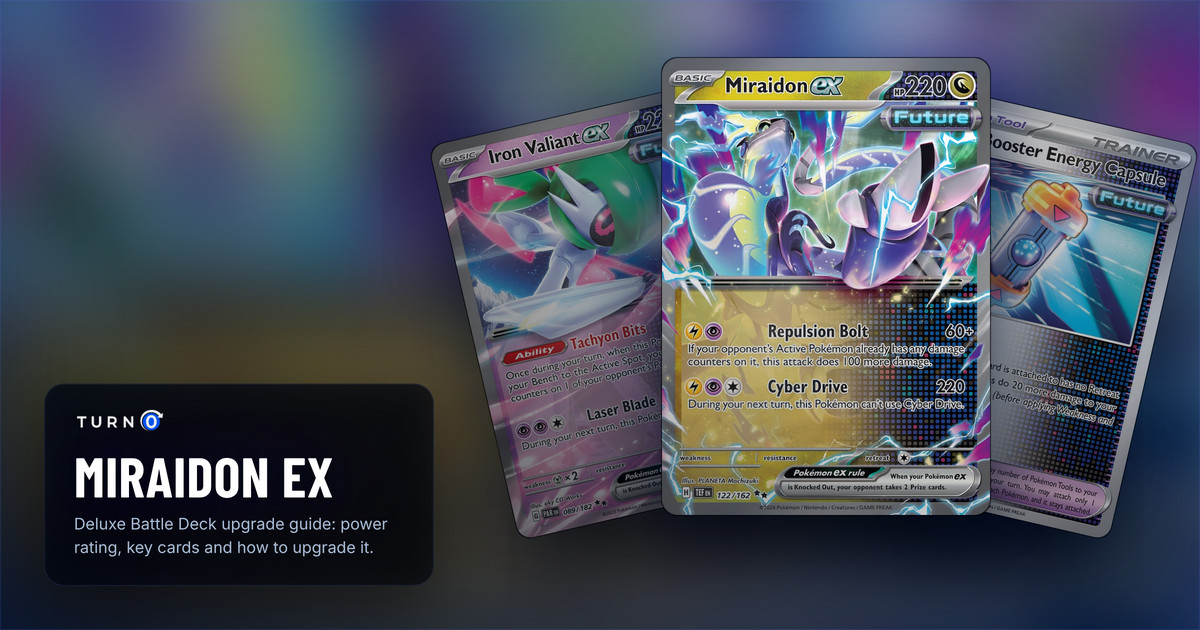 Three cards from the Miraidon ex Deluxe Battle Deck fanned out: Iron Valiant ex, Future Booster Energy Capsule, and Miraidon ex in front.