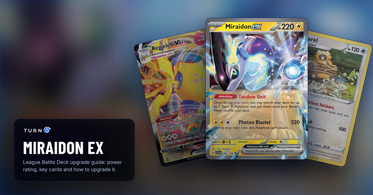 Three cards from the Miraidon ex League Battle Deck fanned out: Regieleki VMAX, Bibarel, and Miraidon ex in front.