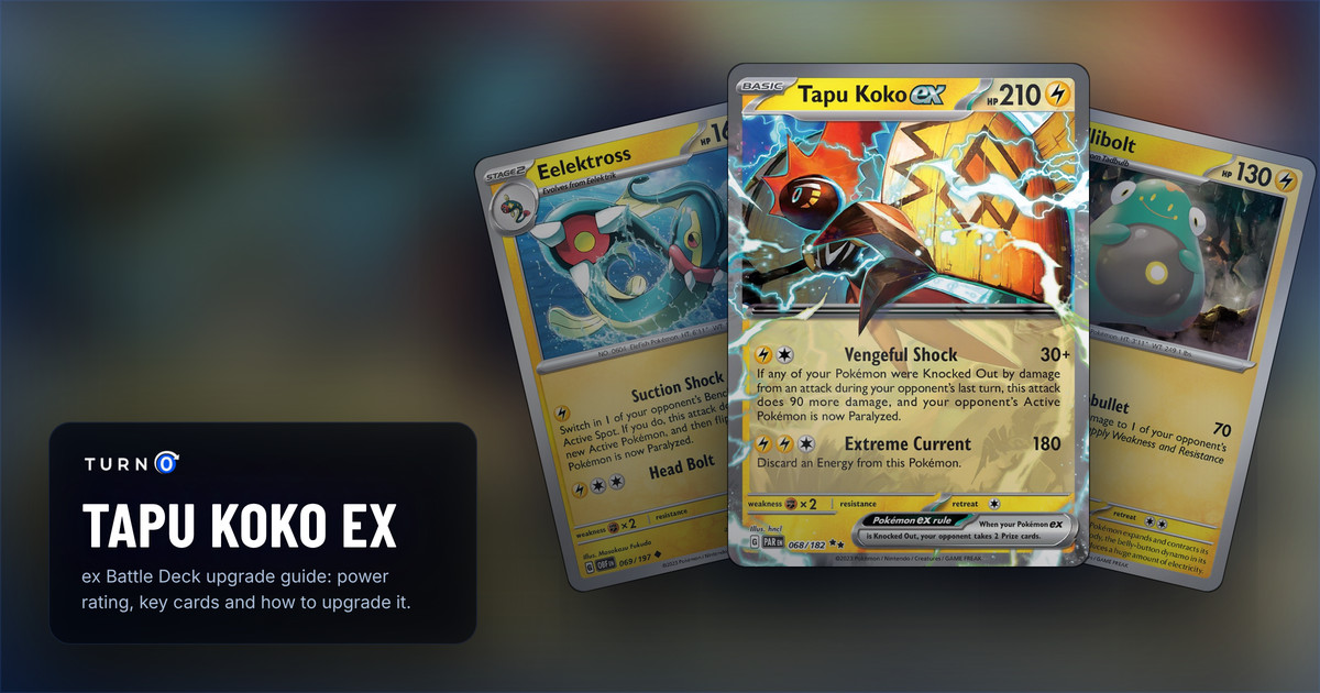 Three cards from the Tapu Koko ex Battle Deck fanned out: Eelektross, Bellibolt, and Tapu Koko ex in front.