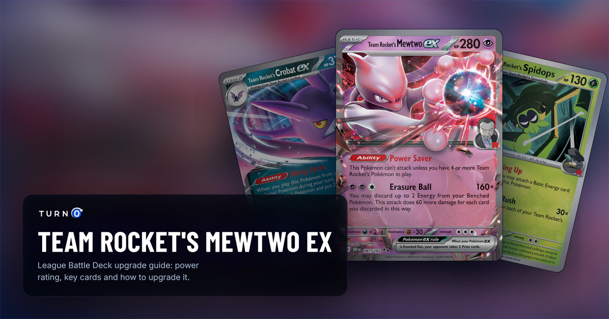 Three cards from the Team Rocket's Mewtwo ex League Battle Deck fanned out: Team Rocket's Crobat ex, Team Rocket's Spidops, and Team Rocket's Mewtwo ex in front.