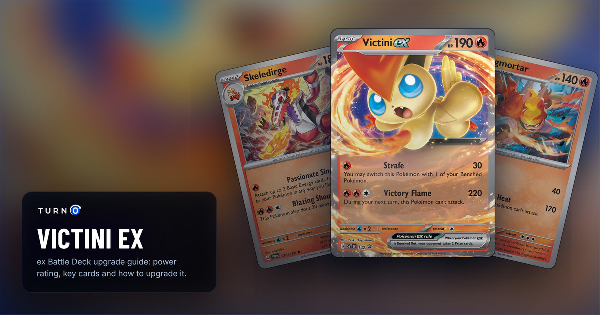 Three cards from the Victini ex Battle Deck fanned out: Skeledirge, Magmortar, and Victini ex in front.
