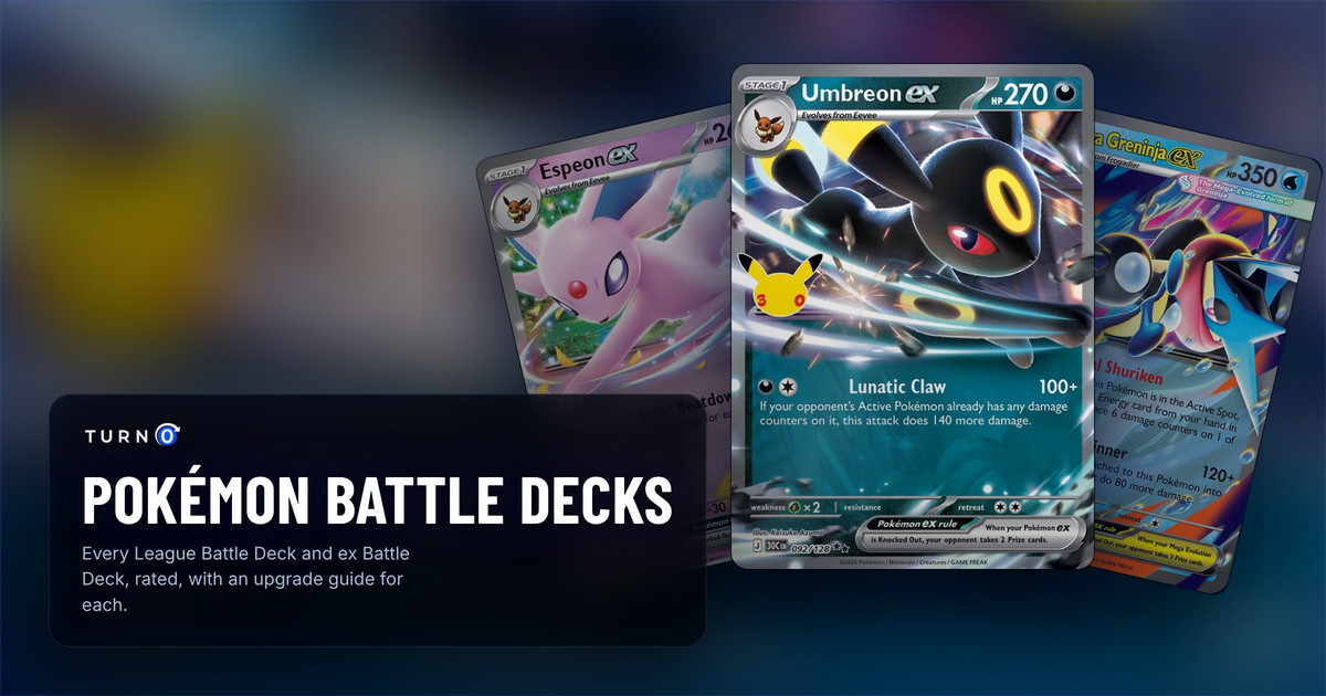 The headline Pokémon of three battle decks fanned out: Espeon ex, Mega Greninja ex, and Umbreon ex in front.