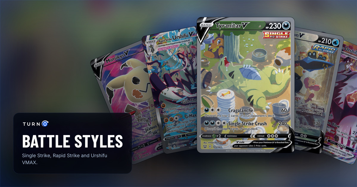 Five Battle Styles chase cards fanned out: Mimikyu V, Rapid Strike Urshifu VMAX, Tyranitar V in front, Empoleon V and Single Strike Urshifu VMAX.