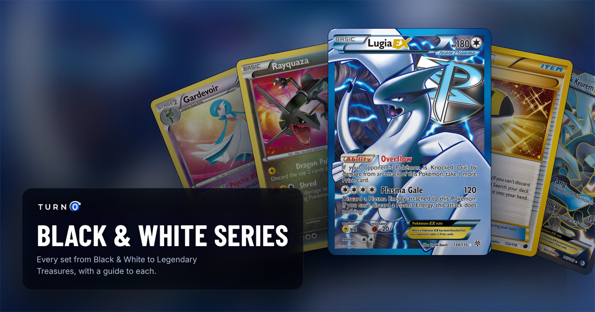 Five chase cards of five Black & White series sets fanned out: Gardevoir, Rayquaza, Lugia-EX in front, Ultra Ball and Black Kyurem-EX.