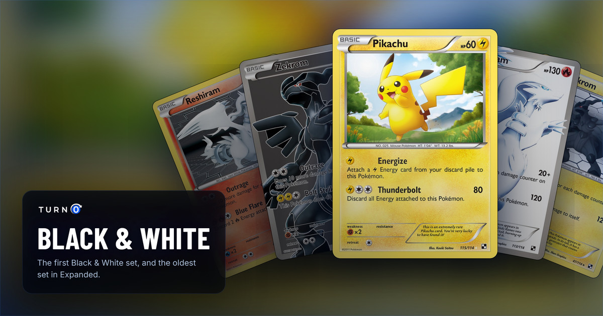 Five Black & White chase cards fanned out: Reshiram, Zekrom, Pikachu in front, Reshiram and Zekrom.