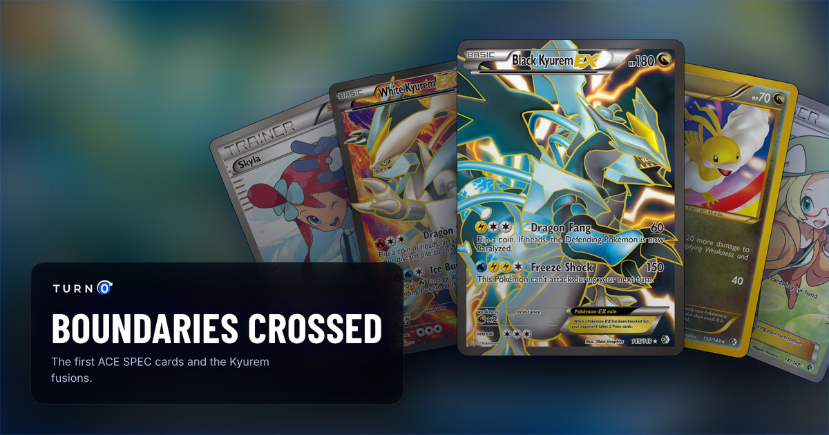 Five Boundaries Crossed chase cards fanned out: Skyla, White Kyurem-EX, Black Kyurem-EX in front, Altaria and Bianca.