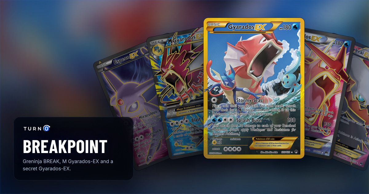 Five BREAKpoint chase cards fanned out: Espeon-EX, M Gyarados-EX, Gyarados-EX in front, Gyarados-EX and Darkrai-EX.