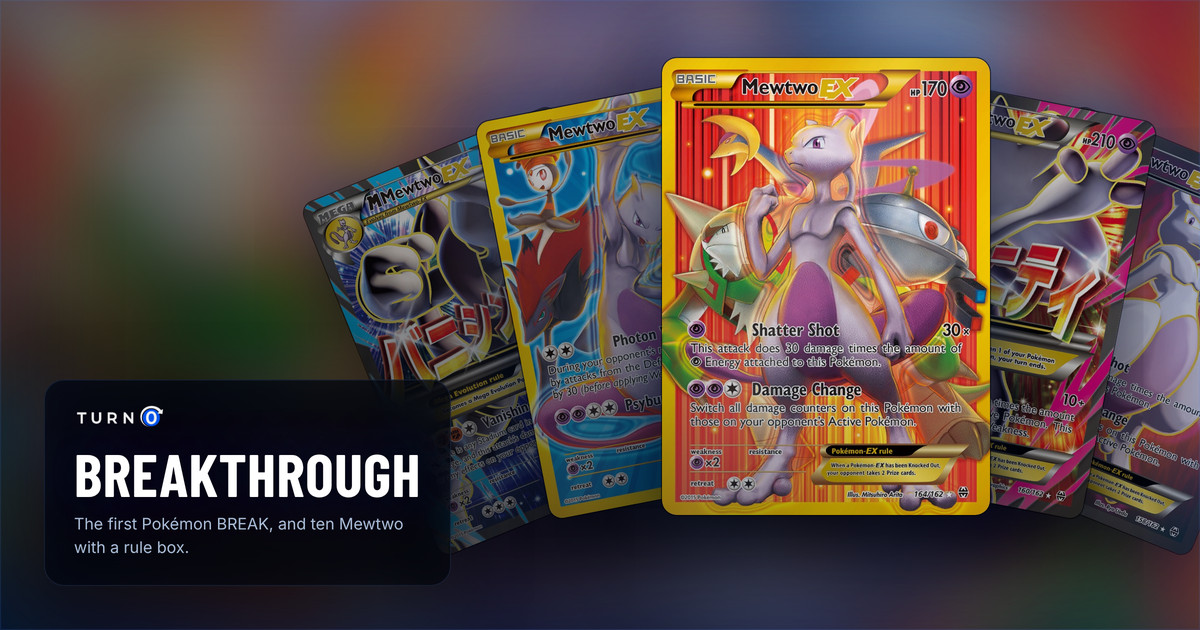 Five BREAKthrough chase cards fanned out: M Mewtwo-EX, Mewtwo-EX, Mewtwo-EX in front, M Mewtwo-EX and Mewtwo-EX.