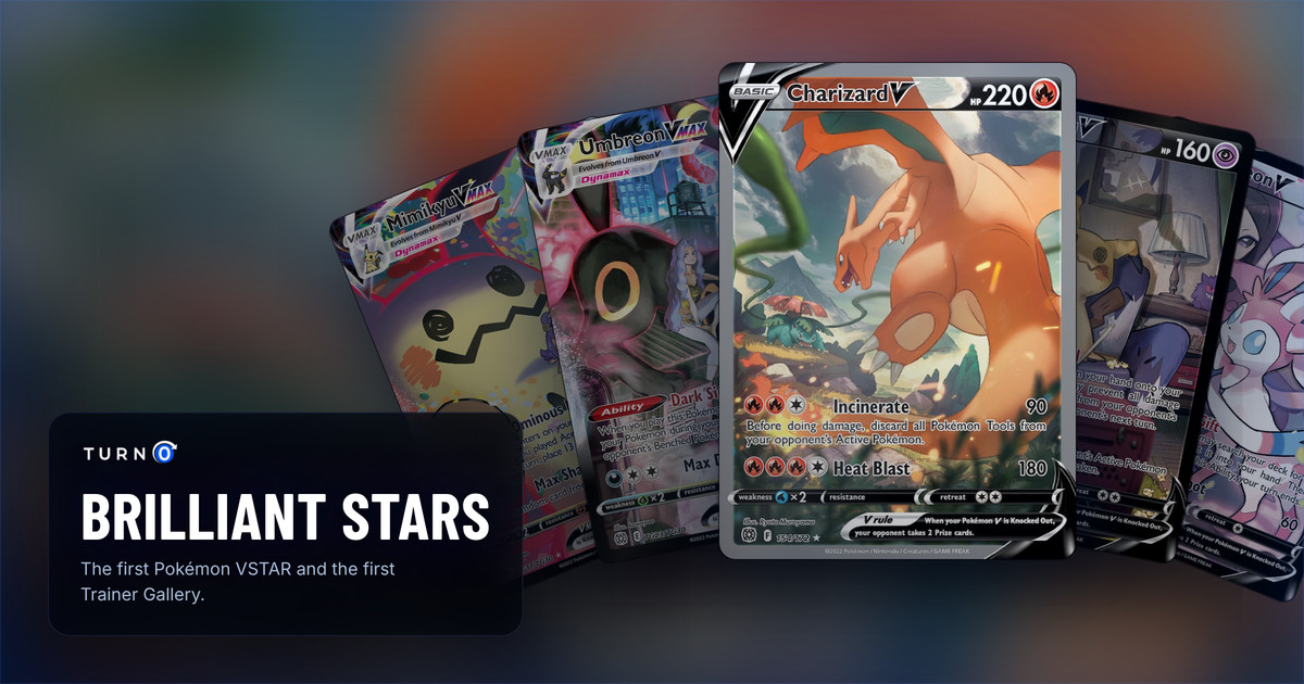 Five Brilliant Stars chase cards fanned out: Mimikyu VMAX, Umbreon VMAX, Charizard V in front, Mimikyu V and Sylveon V.
