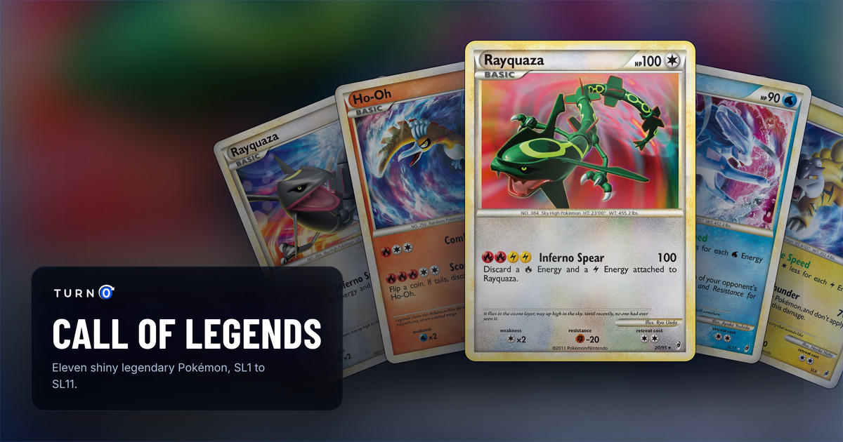 Five Call of Legends cards fanned out: Rayquaza, Ho-Oh, Rayquaza in front, Suicune and Raikou.