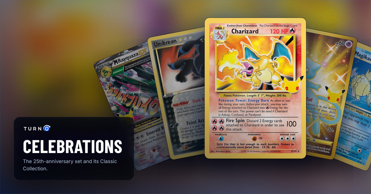 Five Celebrations chase cards fanned out: M Rayquaza-EX, Umbreon ★, Charizard in front, Mew and Shining Magikarp.