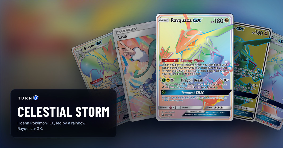 Five Celestial Storm chase cards fanned out: Scizor-GX, Lisia, Rayquaza-GX in front, Rayquaza-GX and Blaziken-GX.