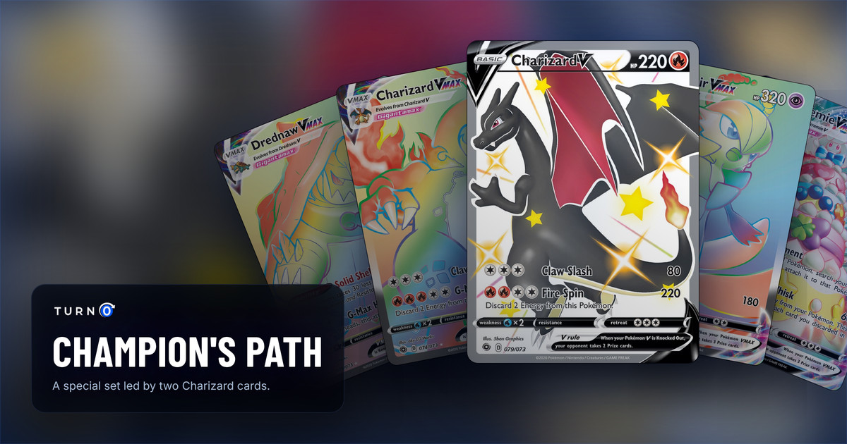 Five Champion's Path chase cards fanned out: Drednaw VMAX, Charizard VMAX, Charizard V in front, Gardevoir VMAX and Alcremie VMAX.