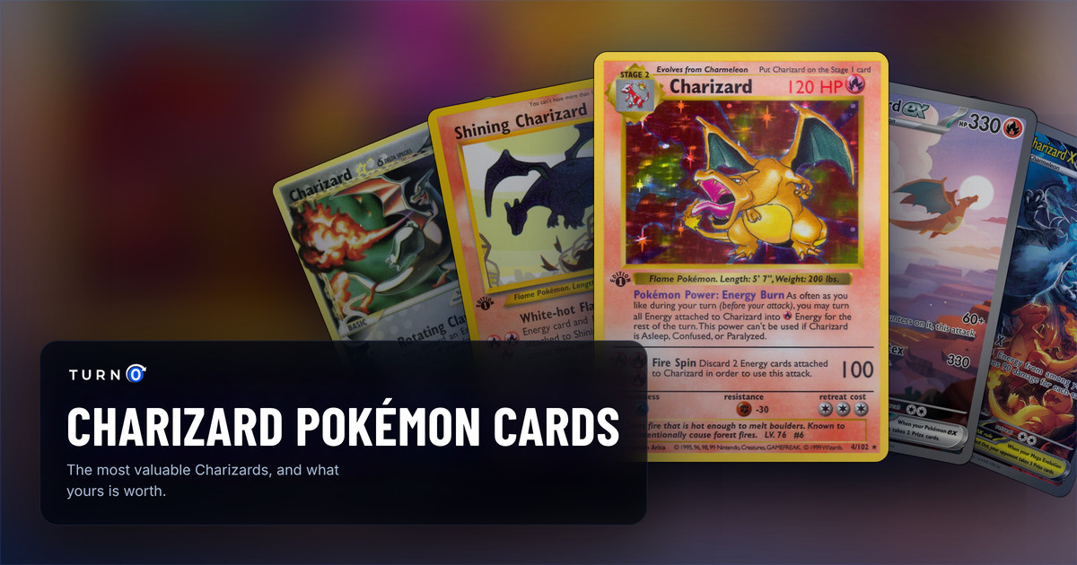 Five Charizard cards fanned out: the Dragon Frontiers Gold Star Charizard, Neo Destiny's Shining Charizard, a 1st Edition Base Set Charizard in front, the 151 Charizard ex Special Illustration Rare and Mega Charizard X ex from Phantasmal Flames.