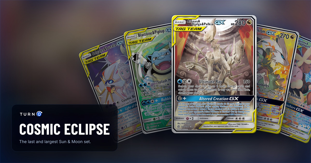 Five Cosmic Eclipse chase cards fanned out: Solgaleo & Lunala-GX, Blastoise & Piplup-GX, Arceus & Dialga & Palkia-GX in front, Reshiram & Zekrom-GX and Mega Lopunny & Jigglypuff-GX.