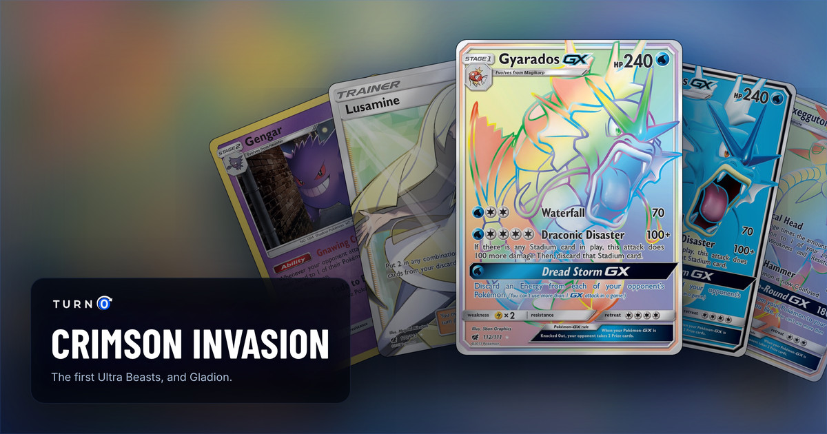 Five Crimson Invasion chase cards fanned out: Gengar, Lusamine, Gyarados-GX in front, Gyarados-GX and Alolan Exeggutor-GX.