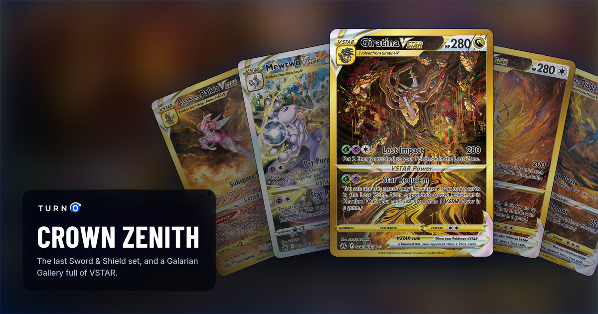 Five Crown Zenith Galarian Gallery cards fanned out: Origin Forme Palkia VSTAR, Mewtwo VSTAR, the gold Giratina VSTAR in front, Arceus VSTAR and Origin Forme Dialga VSTAR.