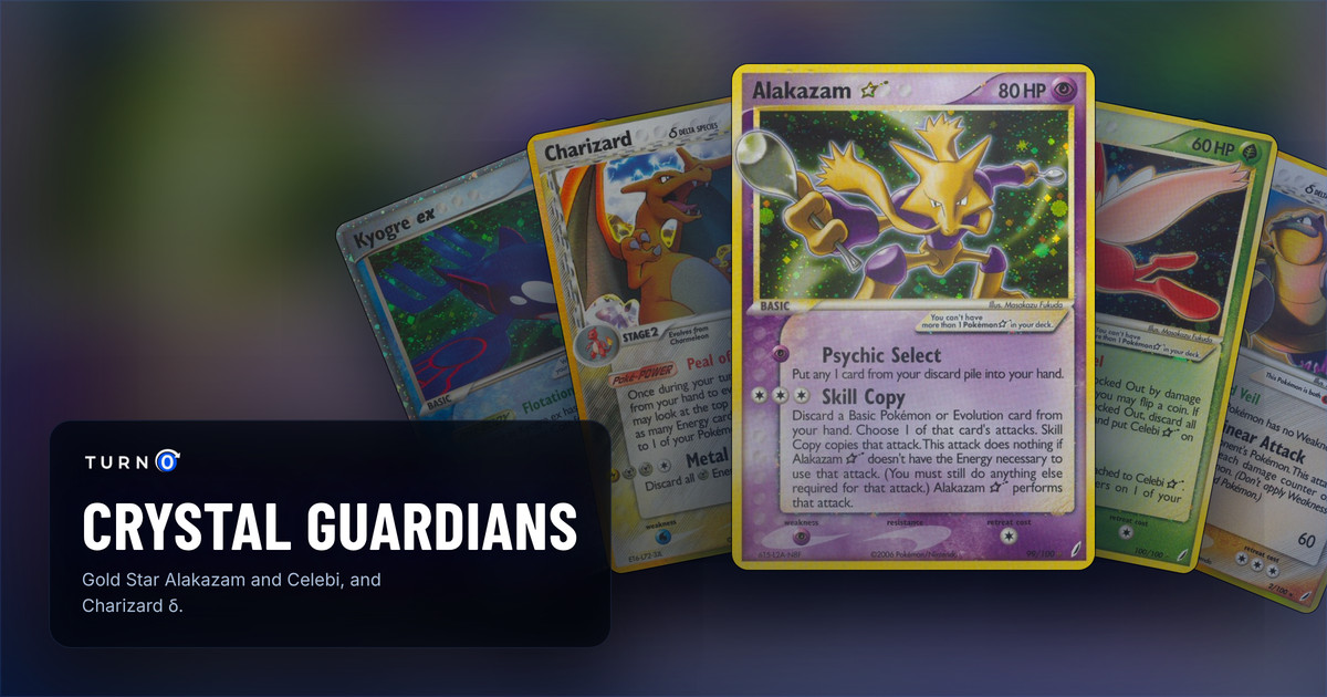 Five Crystal Guardians cards fanned out: Kyogre ex, Charizard δ, Alakazam ★ in front, Celebi ★ and Blastoise δ.
