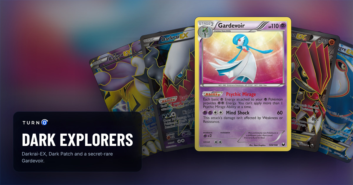 Five Dark Explorers chase cards fanned out: Raikou-EX, Darkrai-EX, Gardevoir in front, Groudon-EX and Kyogre-EX.