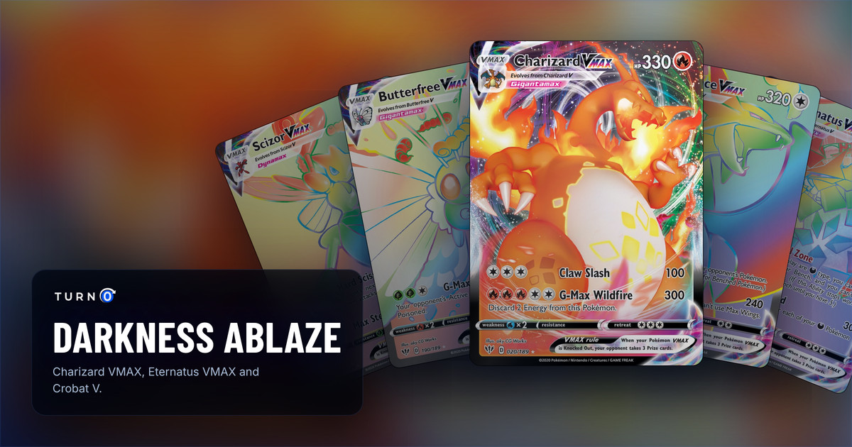 Five Darkness Ablaze chase cards fanned out: Scizor VMAX, Butterfree VMAX, Charizard VMAX in front, Salamence VMAX and Eternatus VMAX.
