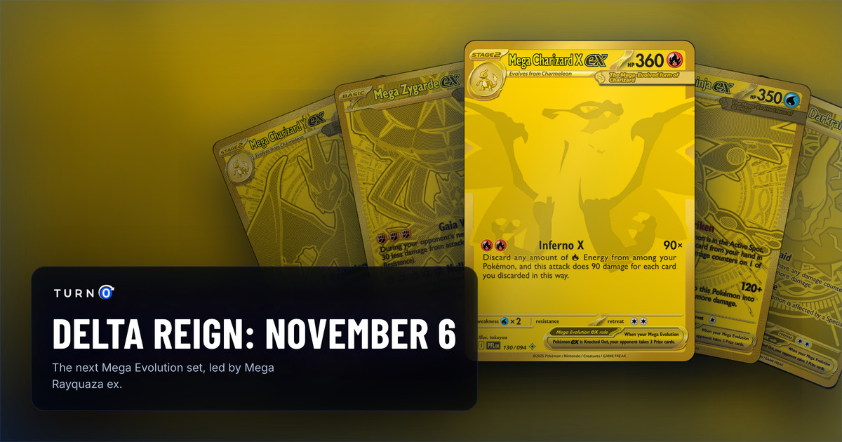 Five Mega Hyper Rares from the Mega Evolution series so far fanned out: Mega Charizard Y ex, Mega Zygarde ex, Mega Charizard X ex in front, Mega Greninja ex and Mega Darkrai ex.