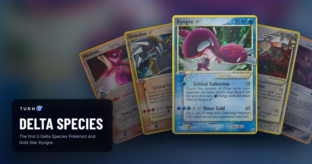 Five Delta Species cards fanned out: Mewtwo δ, Groudon ★, Kyogre ★ in front, Metagross ★ and Umbreon δ.