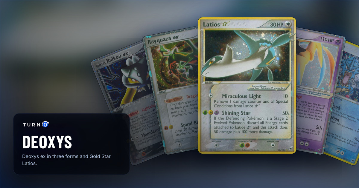 Five Deoxys cards fanned out: Rocket's Raikou ex, Rayquaza ex, Latios ★ in front, Deoxys ex and Gyarados.