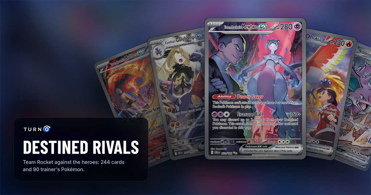 Five Destined Rivals Special Illustration Rares fanned out: Team Rocket's Moltres ex, Cynthia's Garchomp ex, Team Rocket's Mewtwo ex in front, Ethan's Ho-Oh ex and Team Rocket's Nidoking ex.