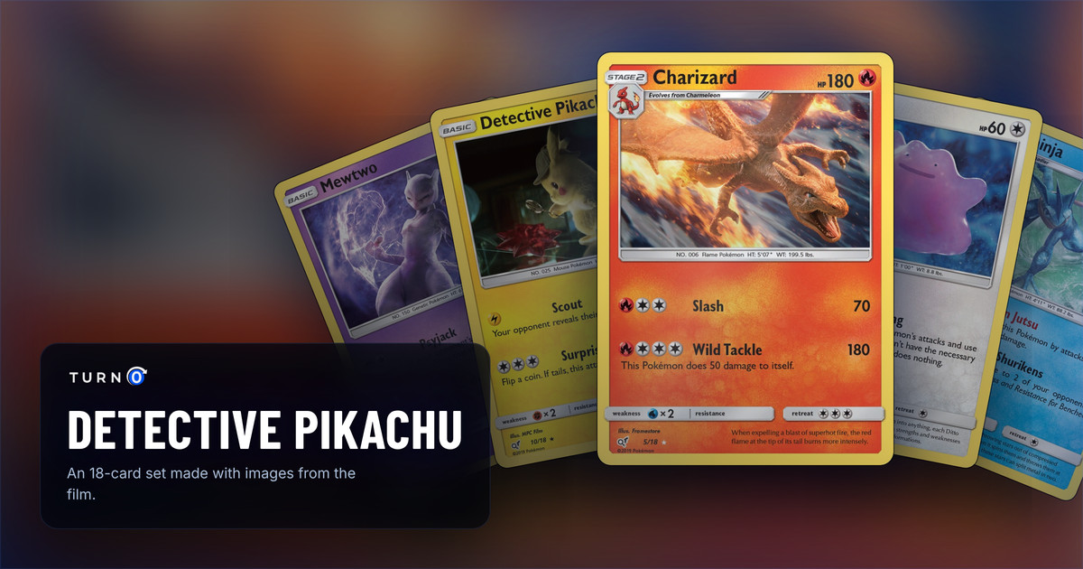 Five Detective Pikachu chase cards fanned out: Mewtwo, Detective Pikachu, Charizard in front, Ditto and Greninja.