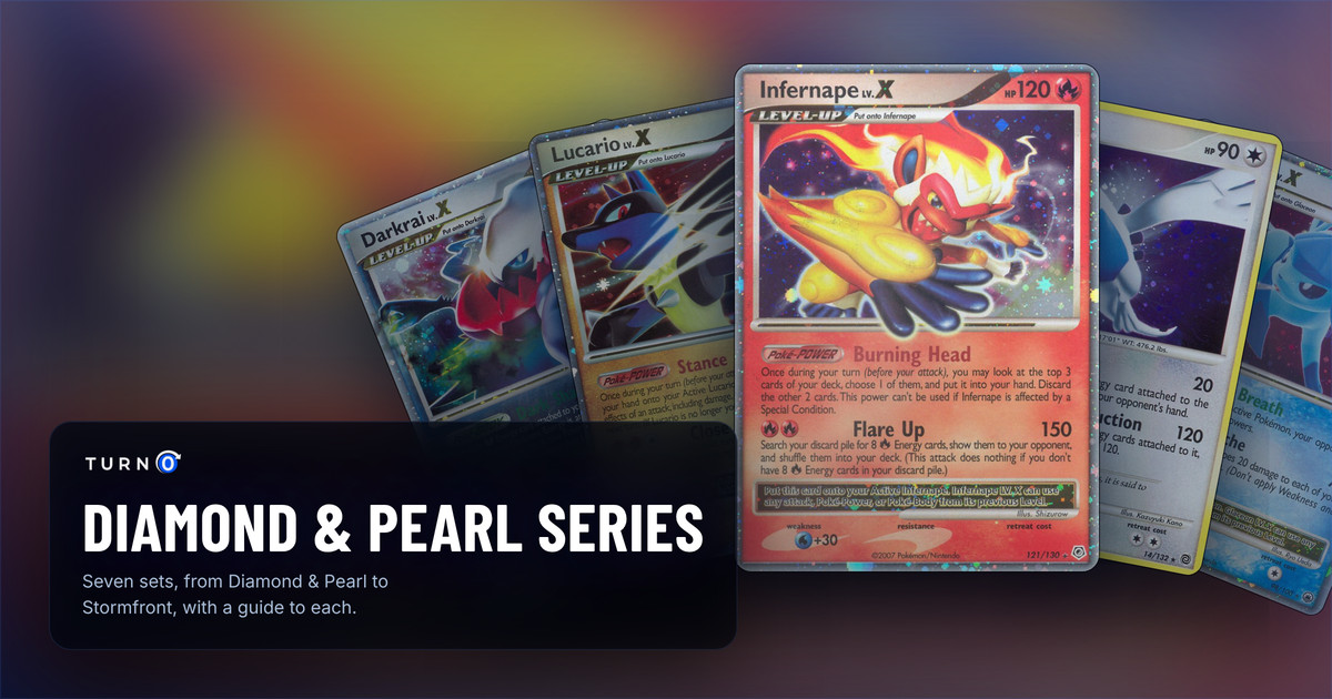 Chase cards from the Pokémon TCG Diamond & Pearl series fanned out: Darkrai LV.X, Lucario LV.X, Infernape LV.X in front, Lugia and Glaceon LV.X.