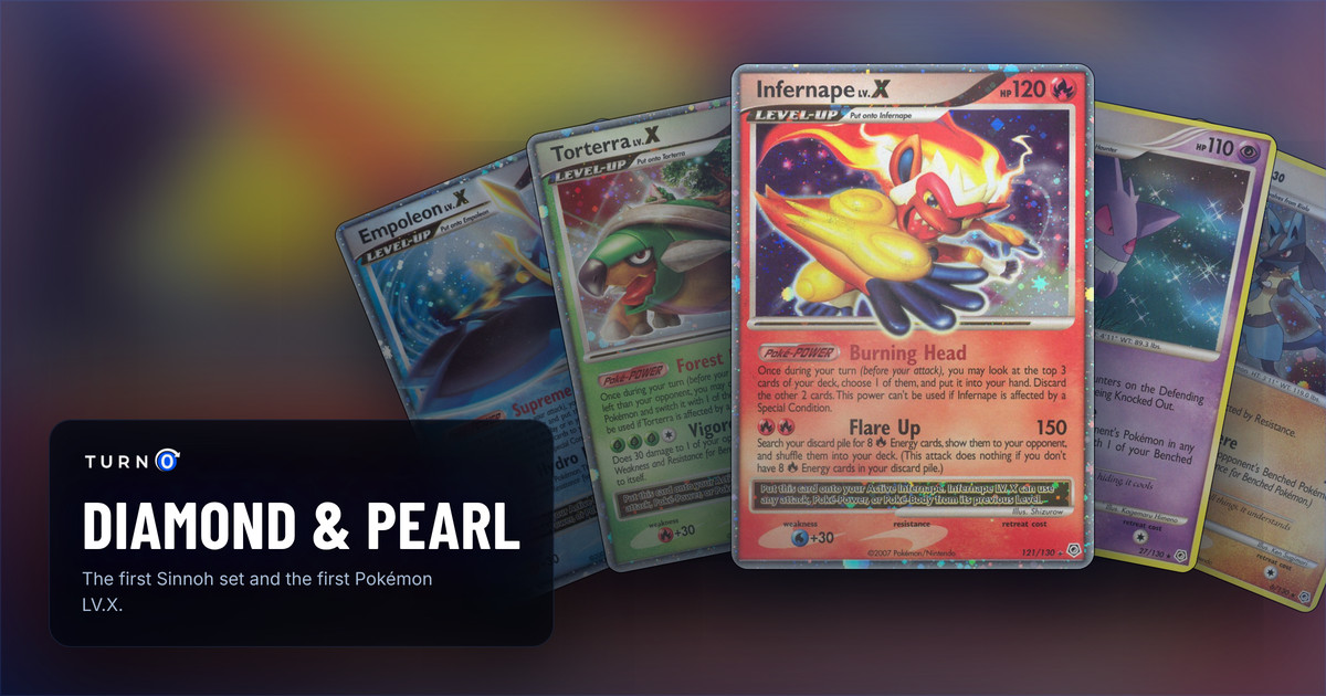 Five Diamond & Pearl cards fanned out: Empoleon LV.X, Torterra LV.X, Infernape LV.X in front, Gengar and Lucario.