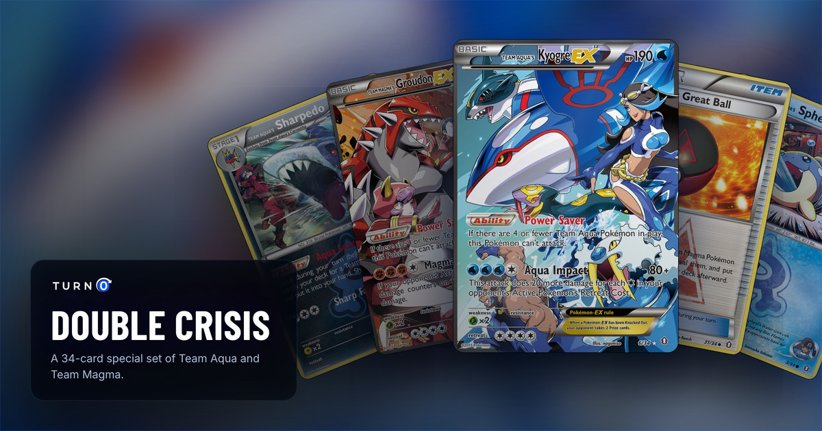Five Double Crisis chase cards fanned out: Team Aqua's Sharpedo, Team Magma's Groudon-EX, Team Aqua's Kyogre-EX in front, Team Magma's Great Ball and Team Aqua's Spheal.