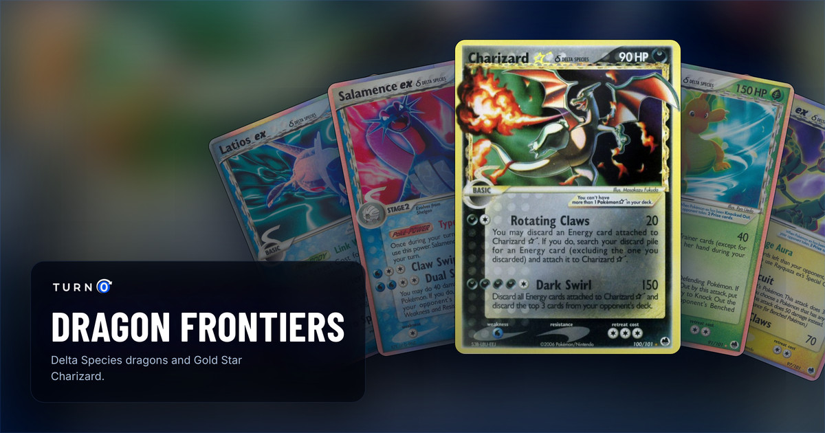 Five Dragon Frontiers cards fanned out: Latios ex δ, Salamence ex δ, Charizard ★ δ in front, Dragonite ex δ and Rayquaza ex δ.