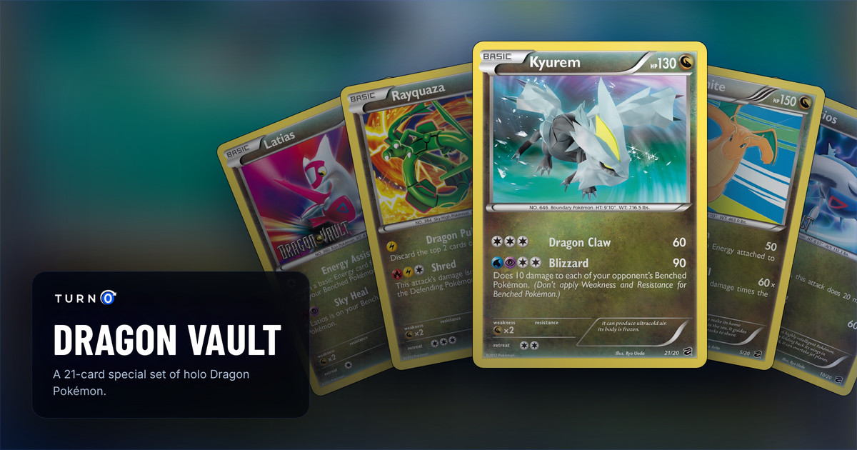 Five Dragon Vault chase cards fanned out: Latias, Rayquaza, Kyurem in front, Dragonite and Latios.
