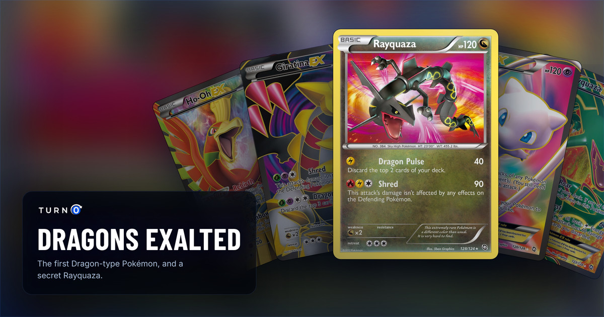 Five Dragons Exalted chase cards fanned out: Ho-Oh-EX, Giratina-EX, Rayquaza in front, Mew-EX and Rayquaza-EX.