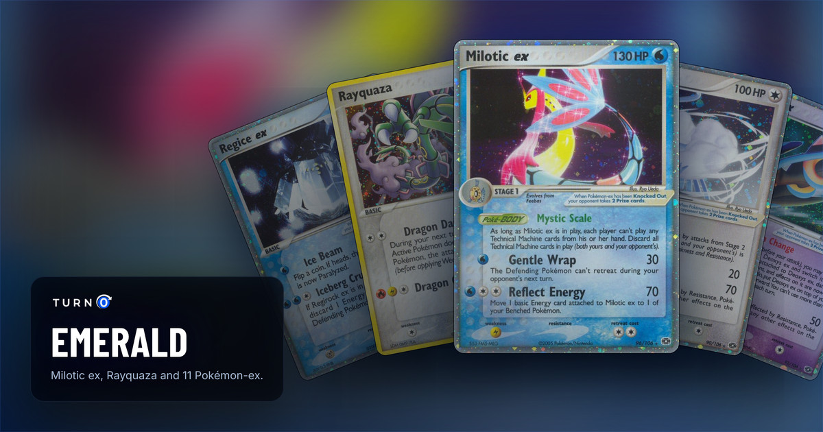 Five Emerald cards fanned out: Regice ex, Rayquaza, Milotic ex in front, Altaria ex and Deoxys ex.