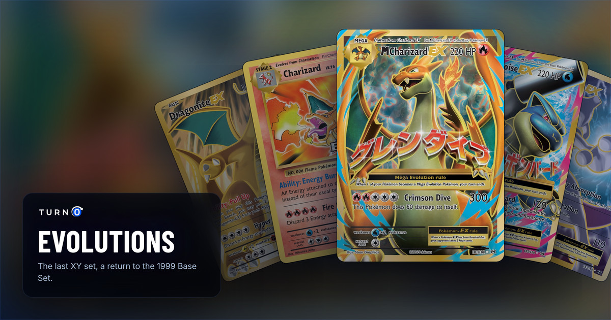 Five Evolutions chase cards fanned out: Dragonite-EX, Charizard, M Charizard-EX in front, M Blastoise-EX and Mewtwo-EX.