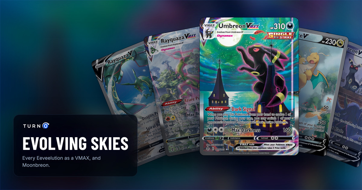 Five Evolving Skies chase cards fanned out: Rayquaza V, Rayquaza VMAX, Umbreon VMAX in front, Dragonite V and Umbreon V.