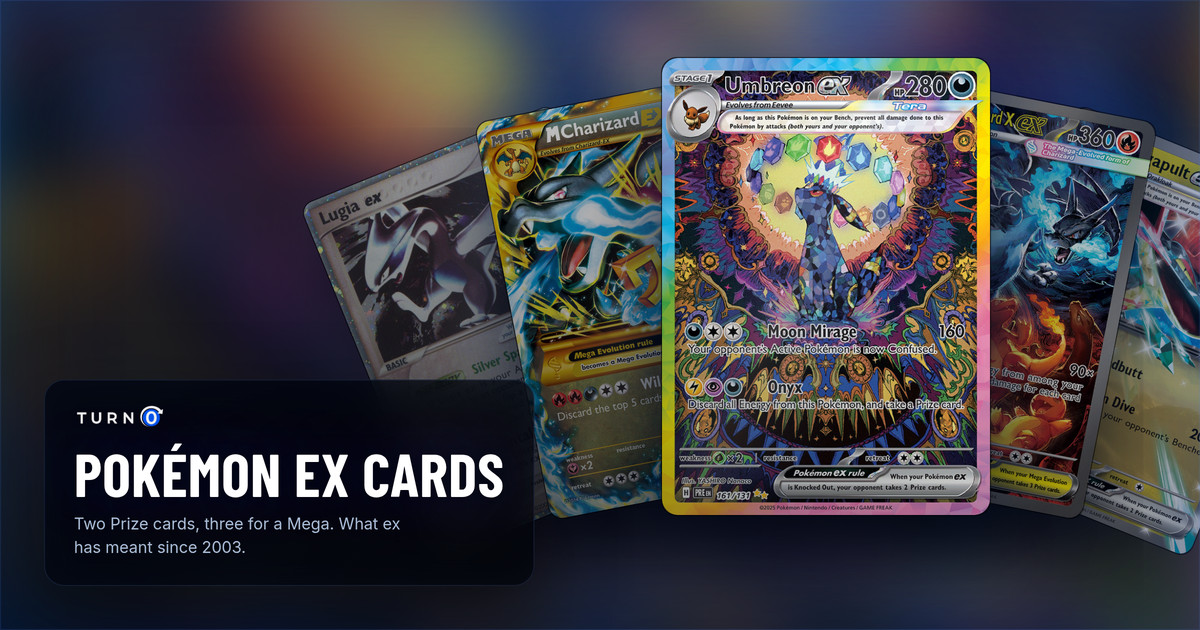 Five ex cards from four eras fanned out: Lugia ex from Unseen Forces, M Charizard-EX from Flashfire, Umbreon ex from Prismatic Evolutions in front, Mega Charizard X ex and Dragapult ex.