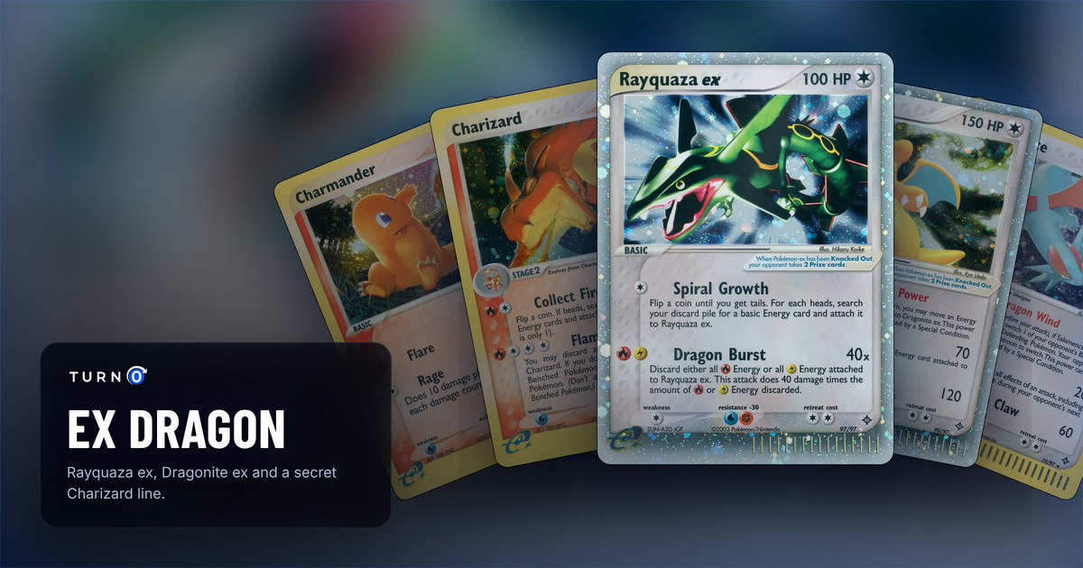 Five EX Dragon cards fanned out: Charmander, Charizard, Rayquaza ex in front, Dragonite ex and Salamence.