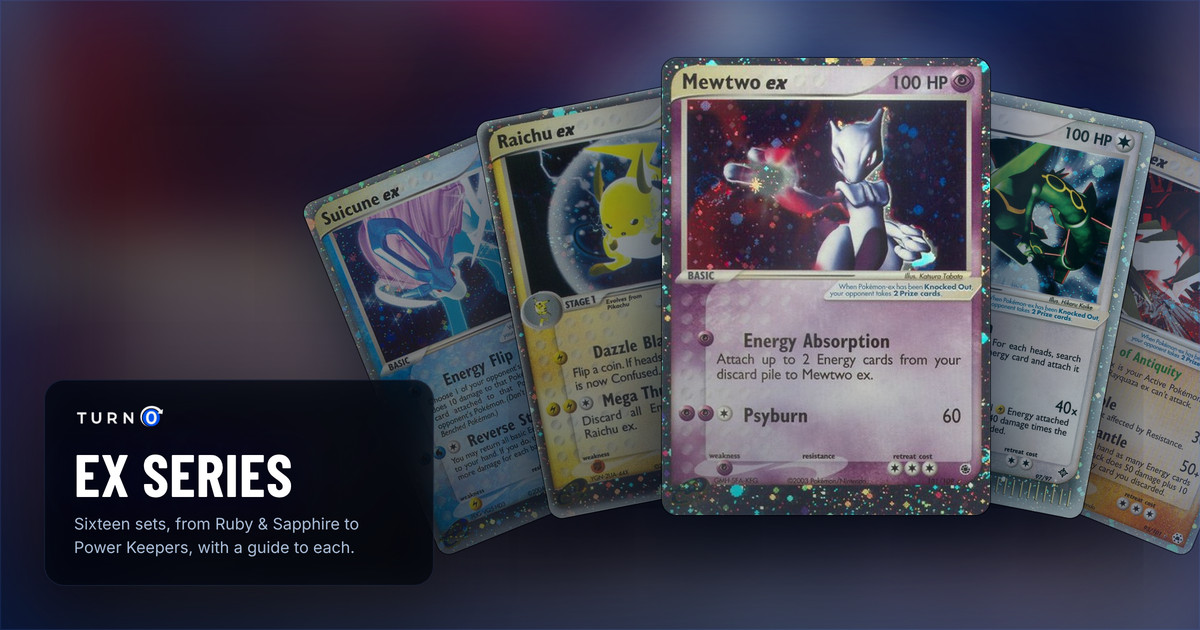 Chase cards from the Pokémon TCG EX series fanned out: Suicune ex, Raichu ex, Mewtwo ex in front, Rayquaza ex and Groudon ex.