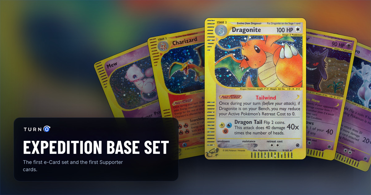 Five Expedition Base Set cards fanned out: Mew, Charizard, Dragonite in front, Gengar and Mewtwo.