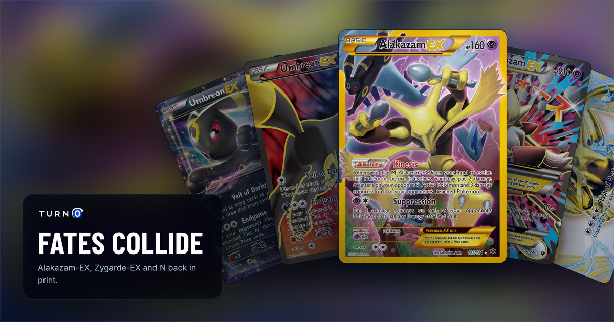 Five Fates Collide chase cards fanned out: Umbreon-EX, Umbreon-EX, Alakazam-EX in front, M Alakazam-EX and Lugia BREAK.