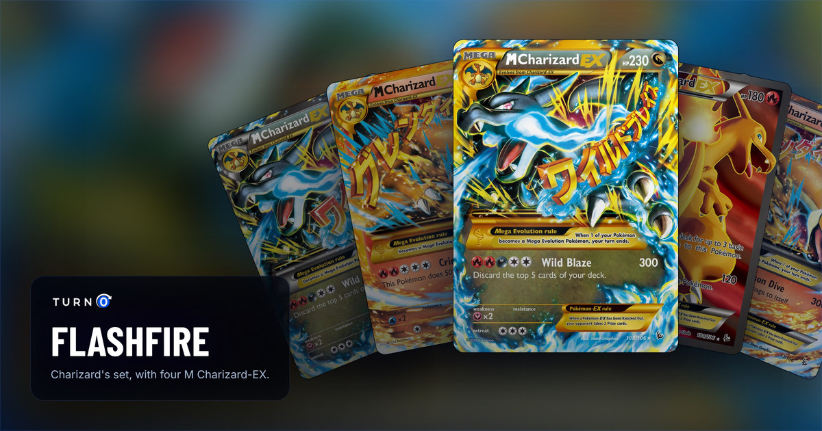Five Flashfire chase cards fanned out: M Charizard-EX, M Charizard-EX, M Charizard-EX in front, Charizard-EX and M Charizard-EX.