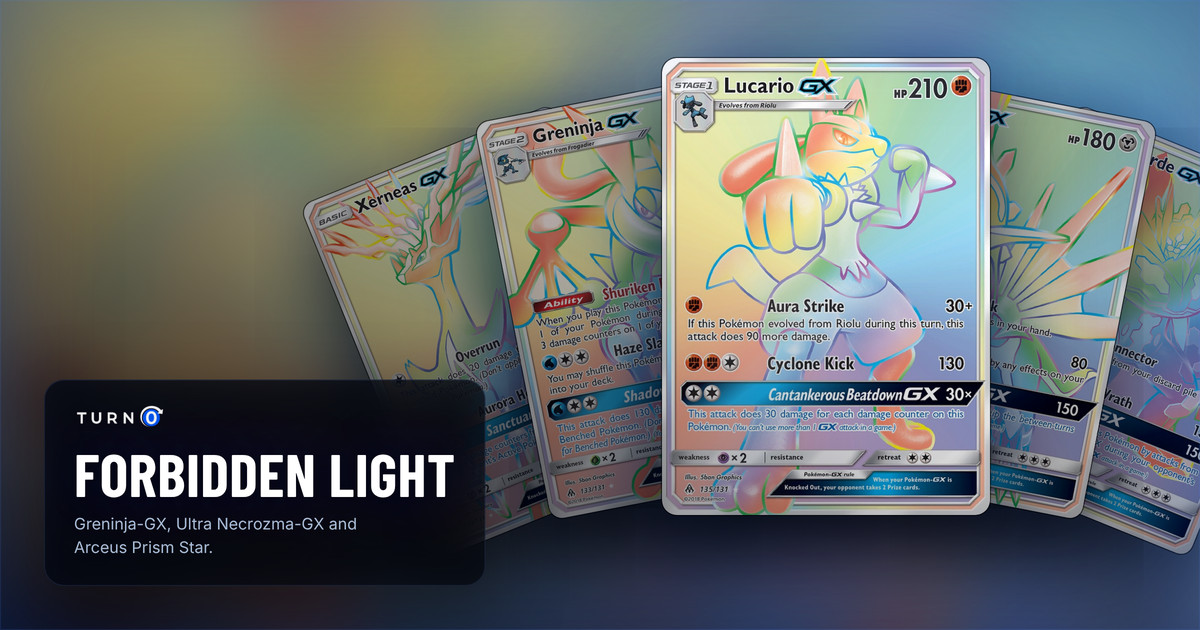 Five Forbidden Light chase cards fanned out: Xerneas-GX, Greninja-GX, Lucario-GX in front, Dialga-GX and Zygarde-GX.