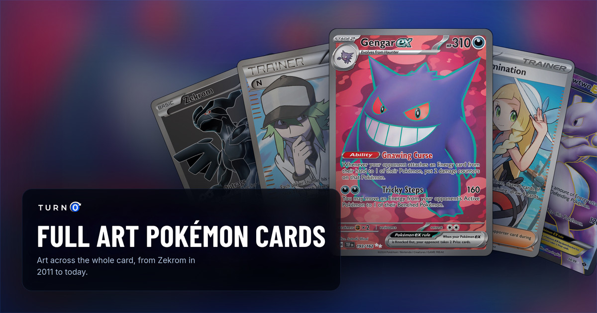 Five full art Pokémon cards fanned out: Zekrom from Black & White, N from Noble Victories, Gengar ex from Temporal Forces in front, Lillie's Determination and Mewtwo-EX from Next Destinies.