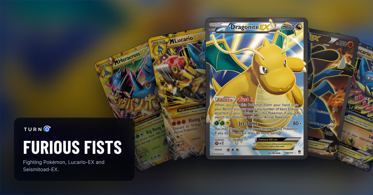Five Furious Fists chase cards fanned out: M Heracross-EX, M Lucario-EX, Dragonite-EX in front, Lucario-EX and M Lucario-EX.